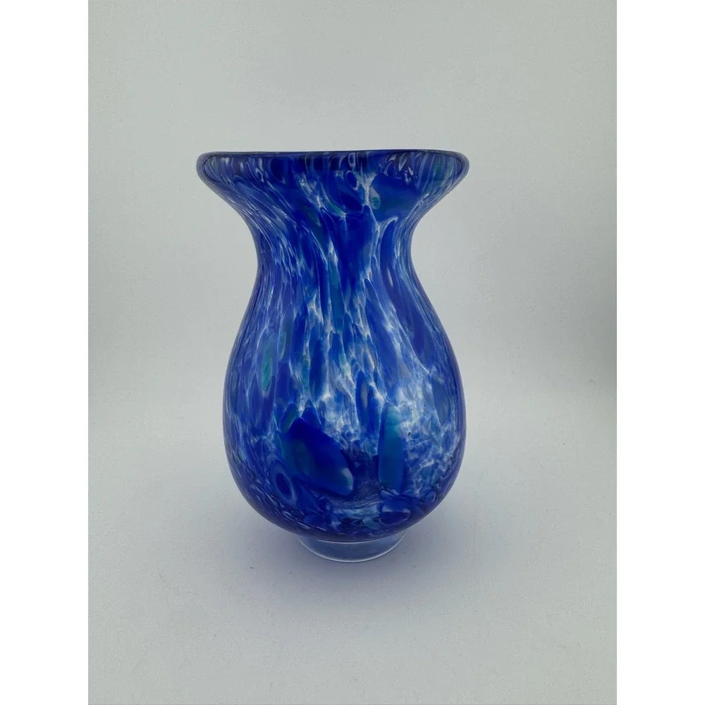 Blue Art Glass Vase Swirl‎ Design Round Home Decor Unique Small Vase